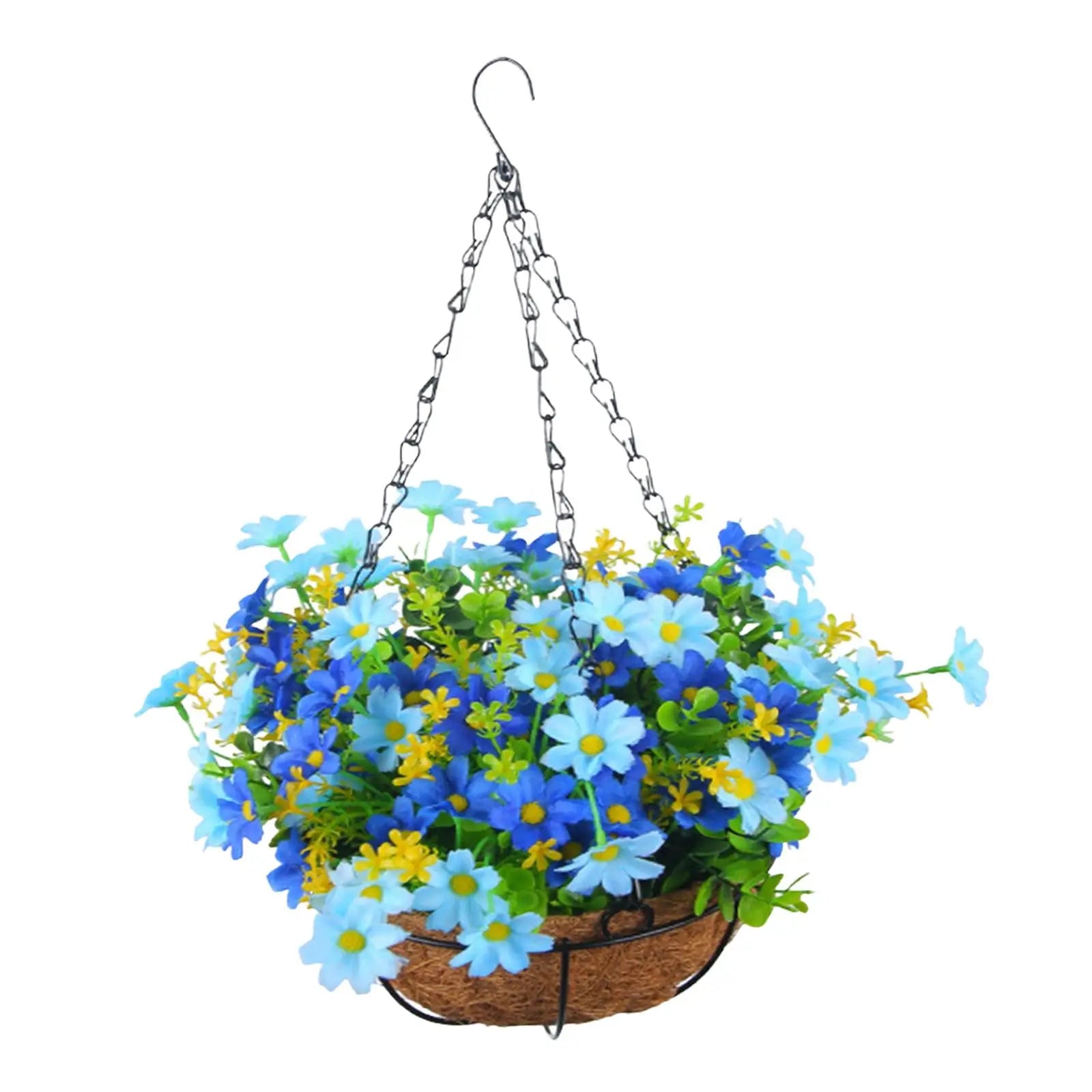 Artificial Hanging Flower Basket with Coconut Liner – Faux Daisy Flower Planter with Chain for Outdoor Patio, Balcony, Porch, Indoor Home Decor