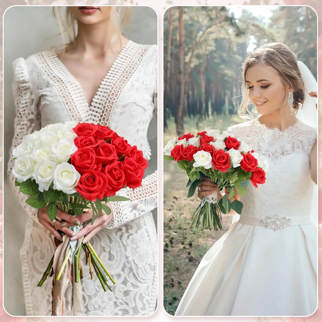 50PCS Bulk Artificial Velvet Roses – Faux Wedding Bouquet Flowers