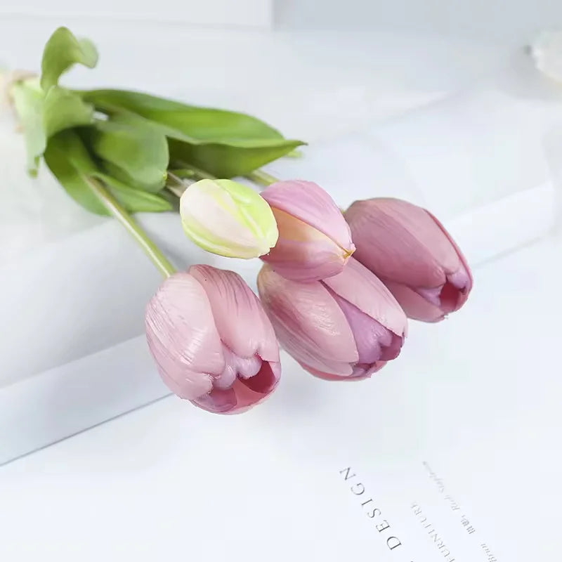 5PCS Real Touch Silicone Tulip Artificial Flower Bouquet Bulk – Latex Faux Tulips