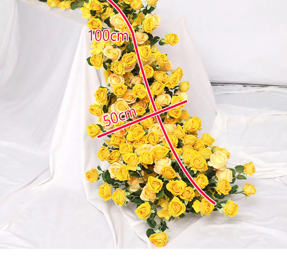 Yellow Artificial Flower Row Garland – Silk Wedding Backdrop Floral Arrangement for Ceremony Arch, Table Runner, Stage & Party Decoration
