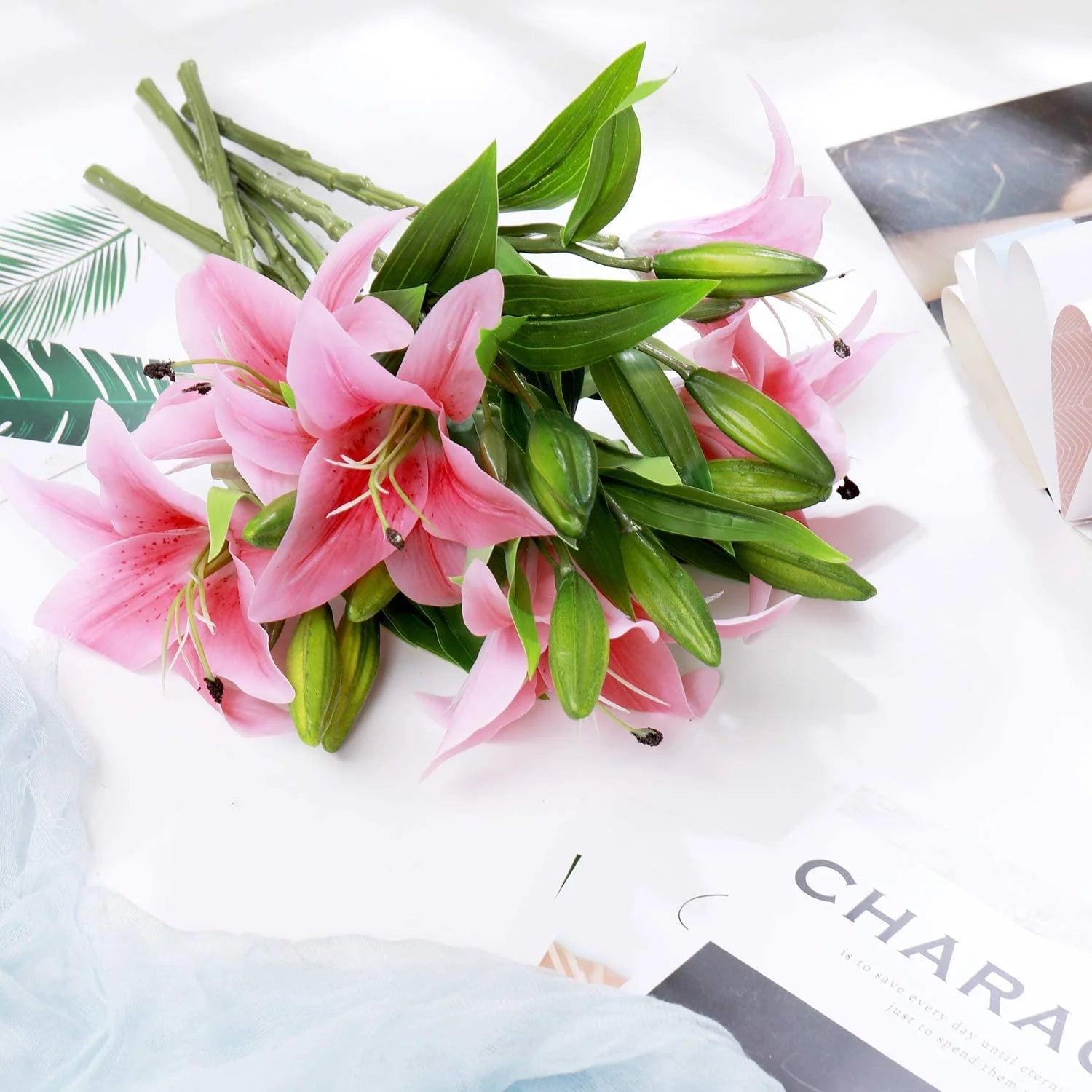 5 Bouquets Artificial Tiger Lily Flowers – Real Touch Faux Lily Bouquets