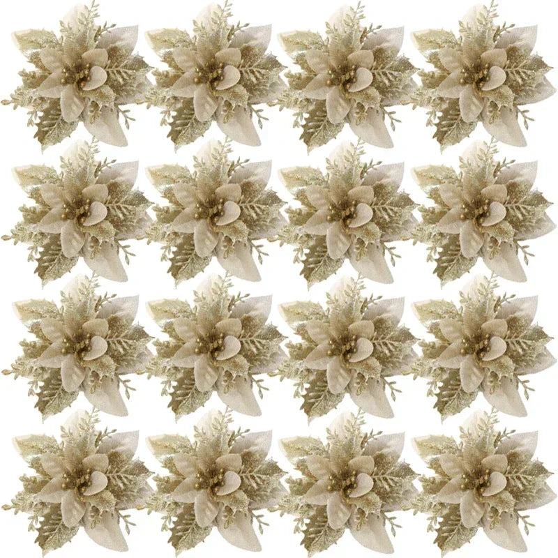 Artificial Poinsettia Flowers Bulk – Red Gold Glitter Christmas Floral
