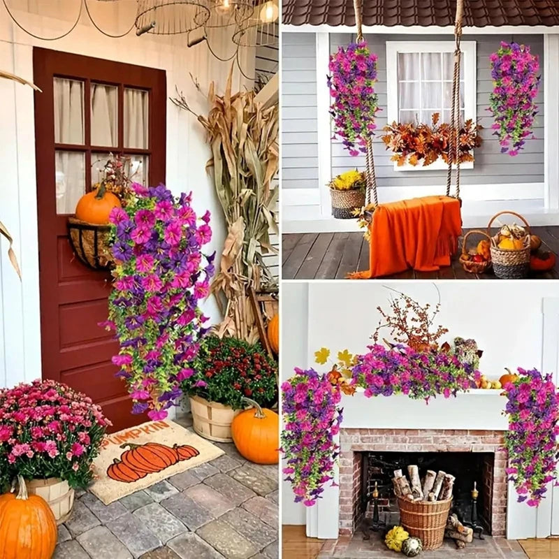 2PCS Artificial Morning Glory & Eucalyptus Hanging Flowers – Faux Vine Garland for Outdoor Wedding Decor, Garden, Party & Home Decoration