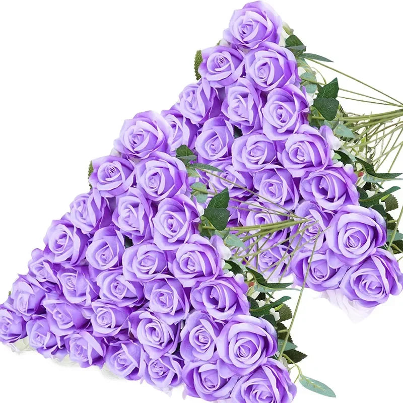 50PCS Bulk Artificial Velvet Roses – Faux Wedding Bouquet Flowers
