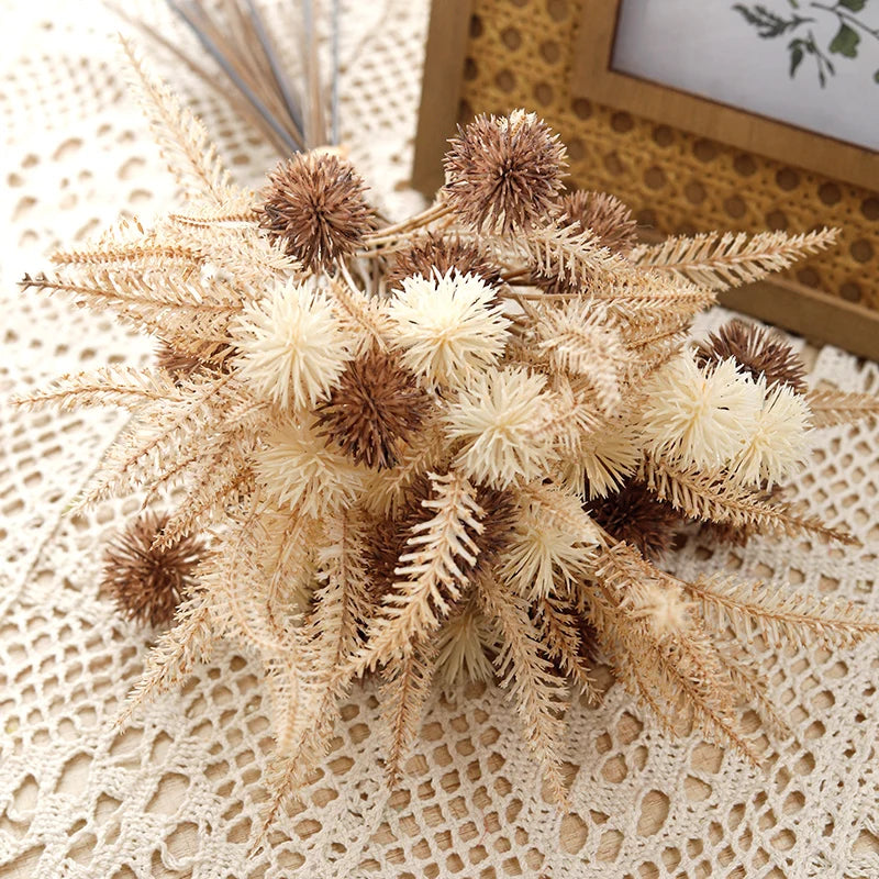 Artificial Prickly Ball Flowers – Brown Pom Pom Mum Fake Flower Branch