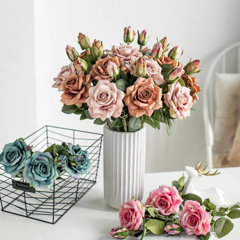 Artificial Pink Rose Branch Bouquet – Silk Big Bloom