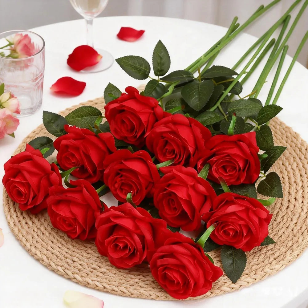 10PCS Red Bulk Artificial Roses – Silk Faux Rose Flowers with Stems