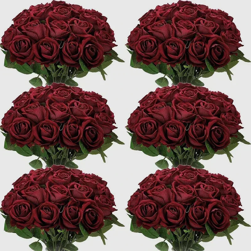50PCS Bulk Artificial Velvet Roses – Faux Wedding Bouquet Flowers