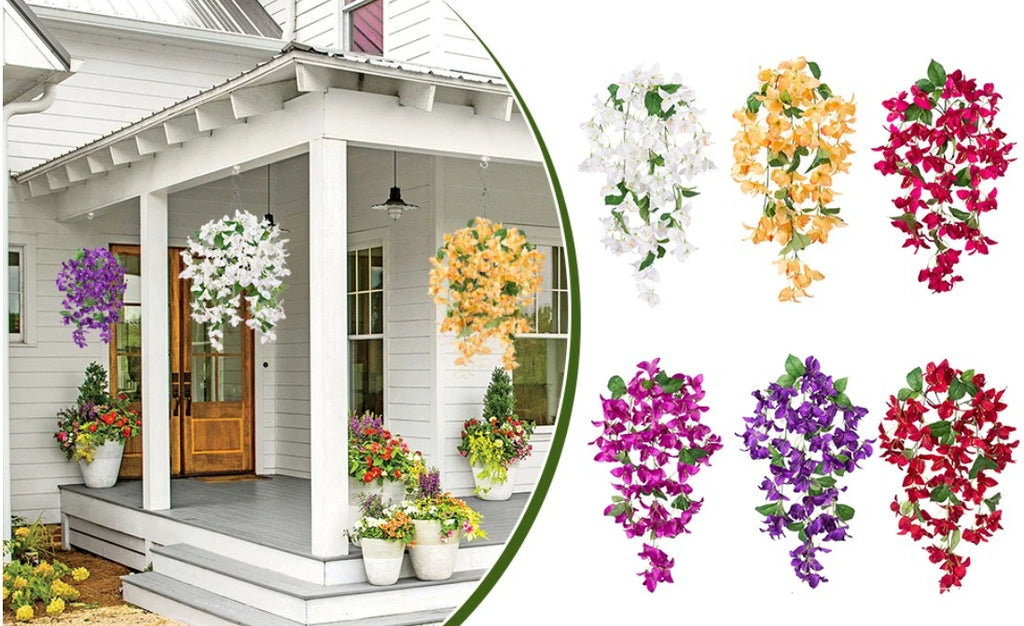2PCS Artificial Bougainvillea Hanging Flowers – UV Protected Silk Vine Garlands for Outdoor Balcony, Garden, Patio & Home Decoration