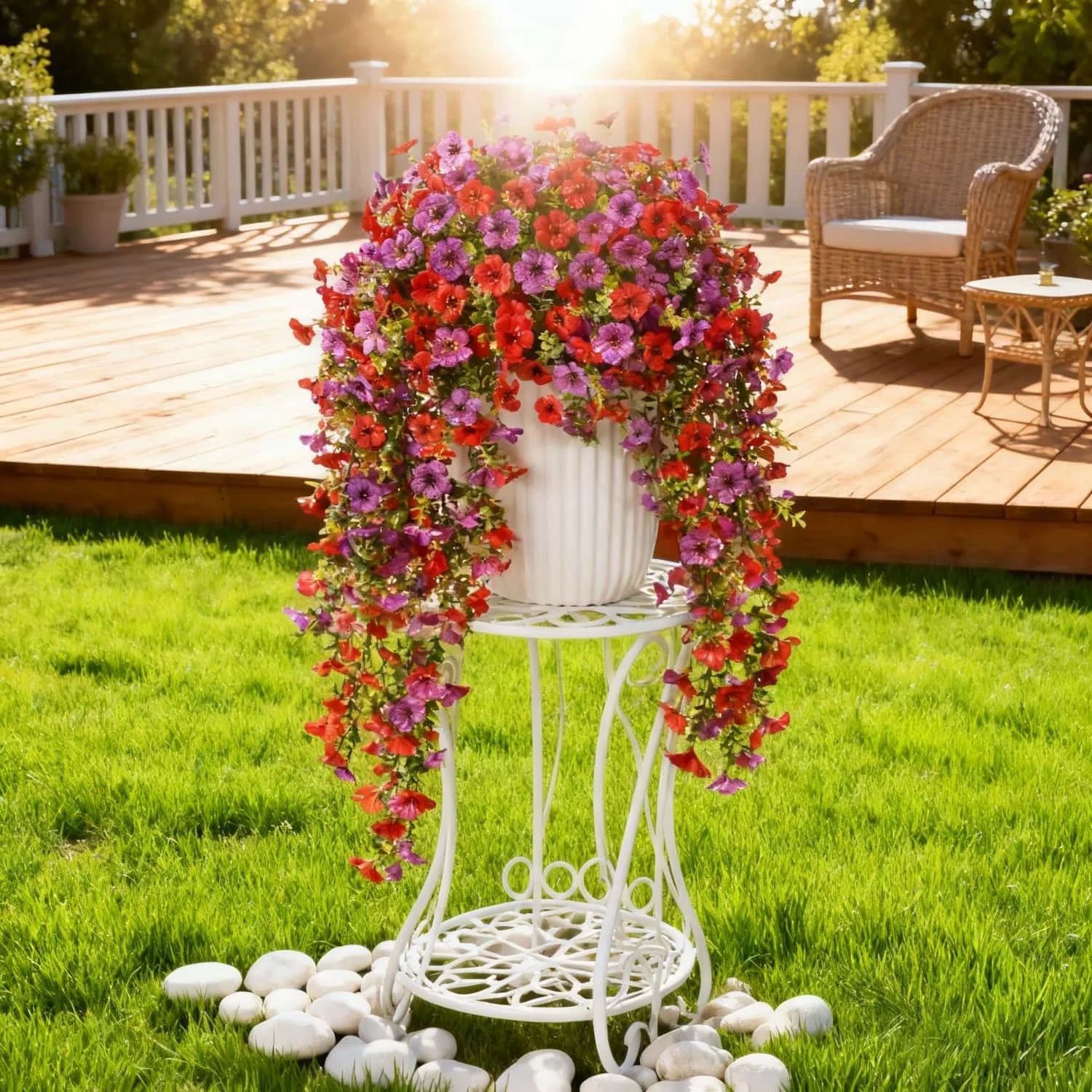 2PCS UV Resistant Hanging Faux Flowers – Mixed Color Silk-Like Artificial Plants for Outdoor Garden, Patio, Home Decor, Spring & Summer Decorations