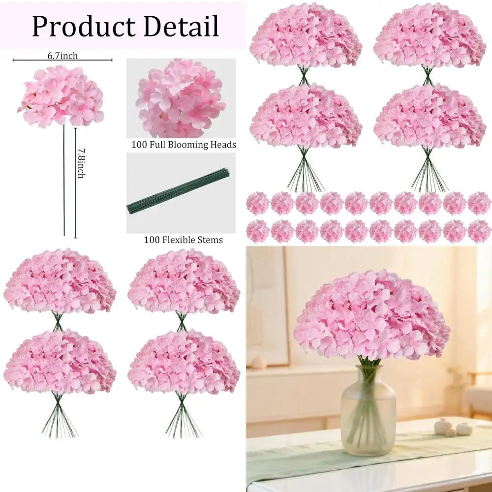 100PCS Pink Artificial Hydrangea Flowers with Stems – Bulk Faux Hydrangea for Wedding Centerpieces, Garden Decor, Home Floral Arrangements, DIY Event Decorations