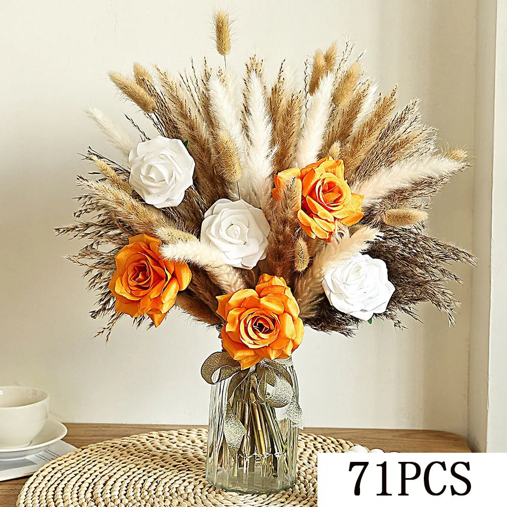 56PCS Artificial Peony & Pampas Grass Bouquet Bulk – Boho Faux Dried Floral Mix