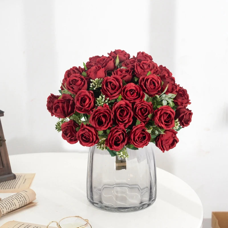 10-Head Artificial White Rose Bouquet Bulk – Silk Fake Flower Bundle for Wedding Decor
