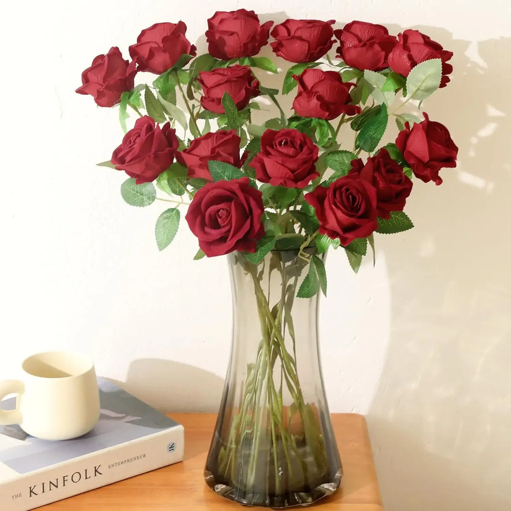 50PCS Bulk Artificial Velvet Roses – Faux Wedding Bouquet Flowers