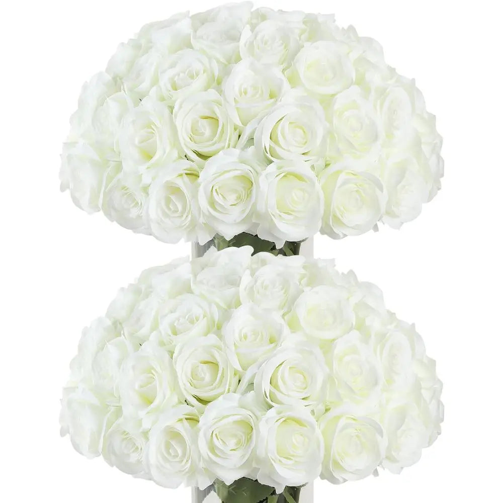 Bulk 50PCS Ivory White Artificial Roses – Long Stem Silk Faux Rose Flowers for Wedding Centerpieces, Outdoor Decor, Party Arrangements & Home Styling