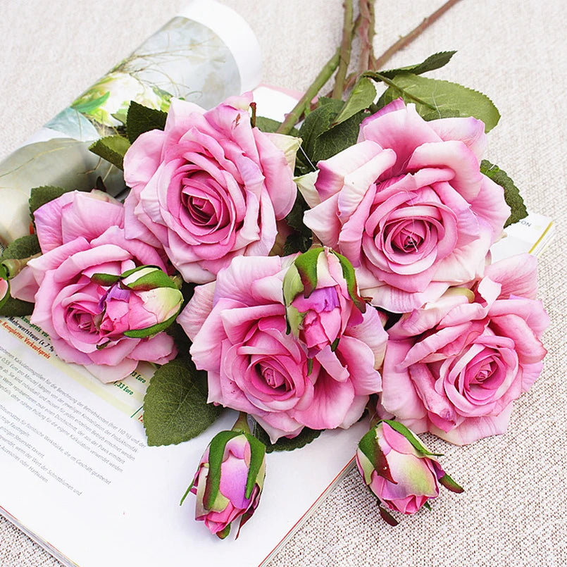 Artificial Pink Rose Branch Bouquet – Silk Big Bloom