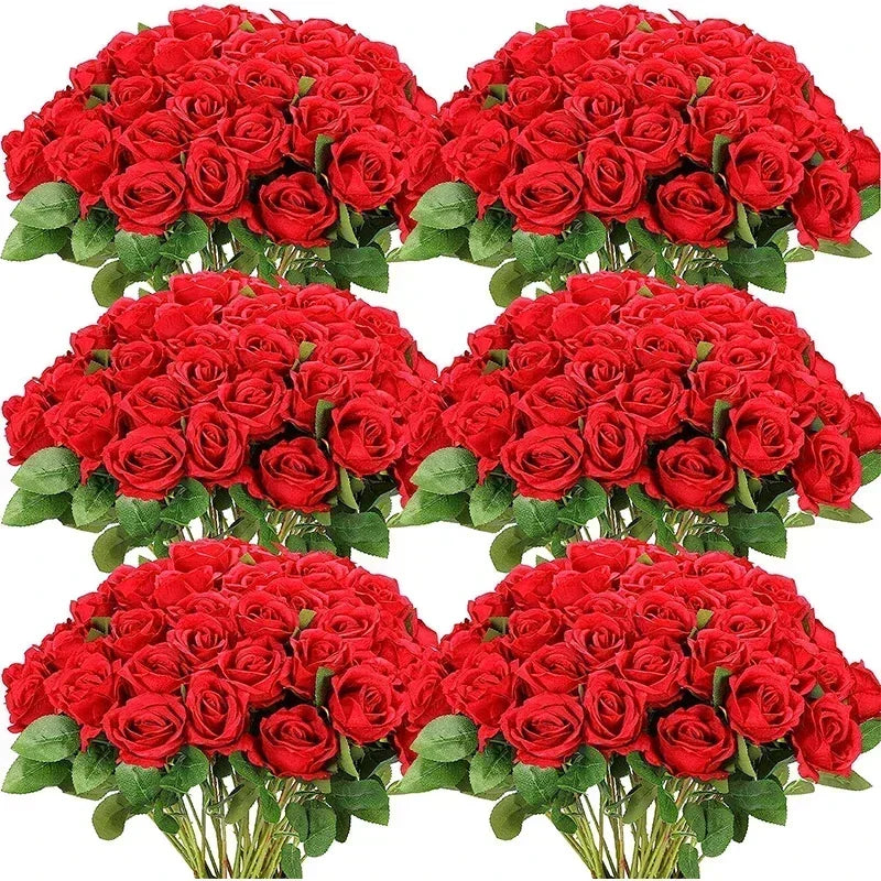 50PCS Bulk Artificial Velvet Roses – Faux Wedding Bouquet Flowers