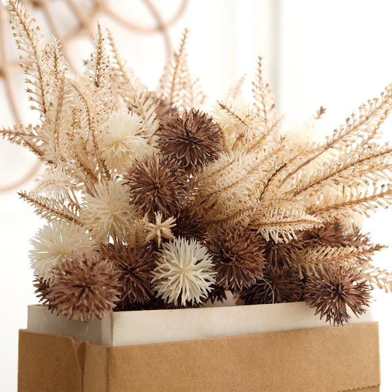 Artificial Prickly Ball Flowers – Brown Pom Pom Mum Fake Flower Branch