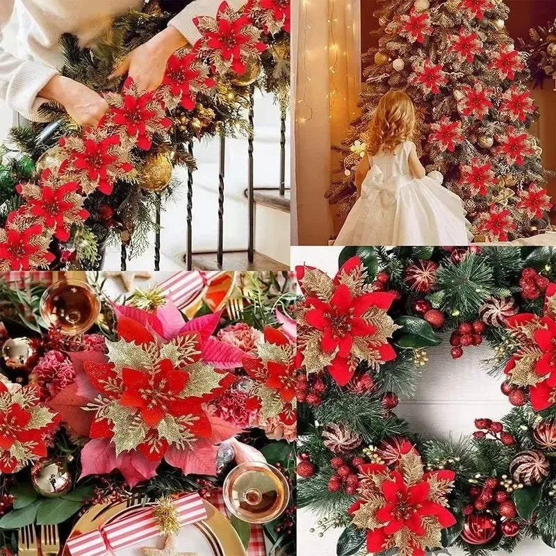 Artificial Poinsettia Flowers Bulk – Red Gold Glitter Christmas Floral