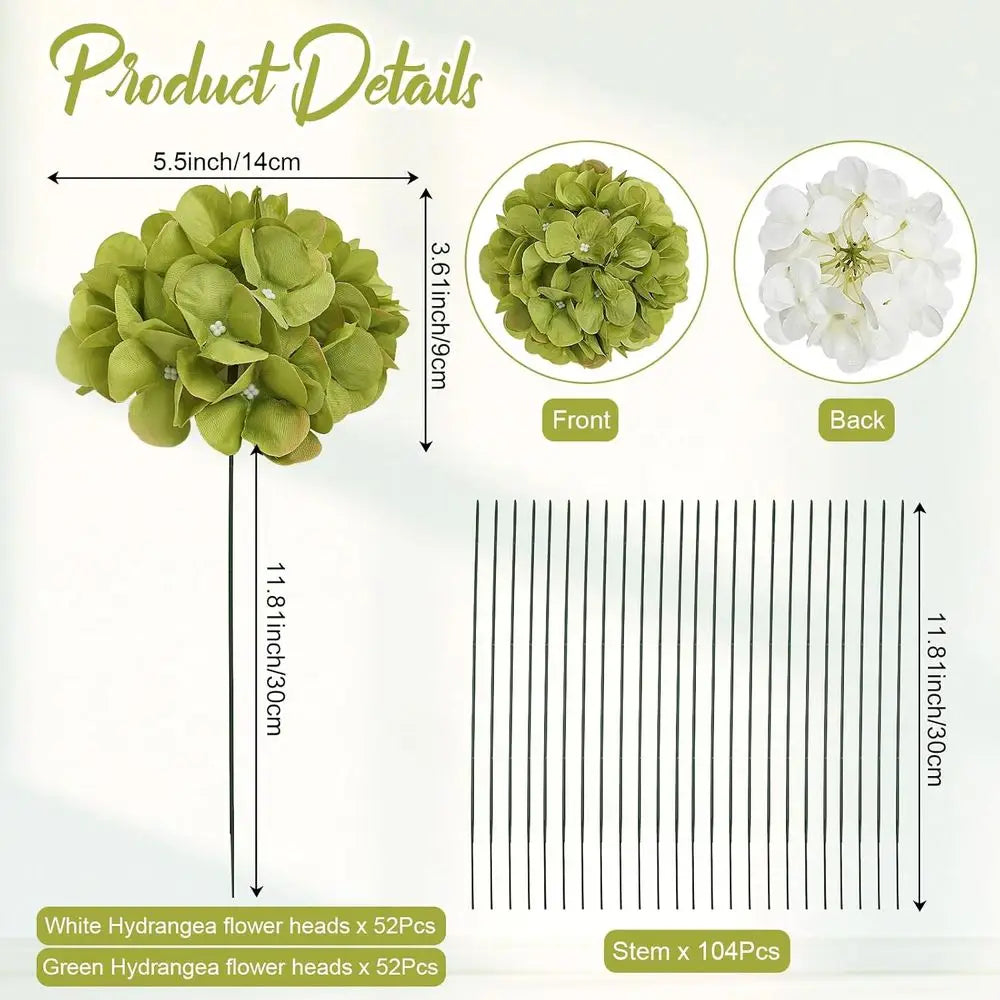 104PCS Artificial Green Hydrangea Stems – Realistic Silk Faux Hydrangea Flowers for Wedding Centerpieces, Outdoor Decor, Baby Shower & Party Arrangements