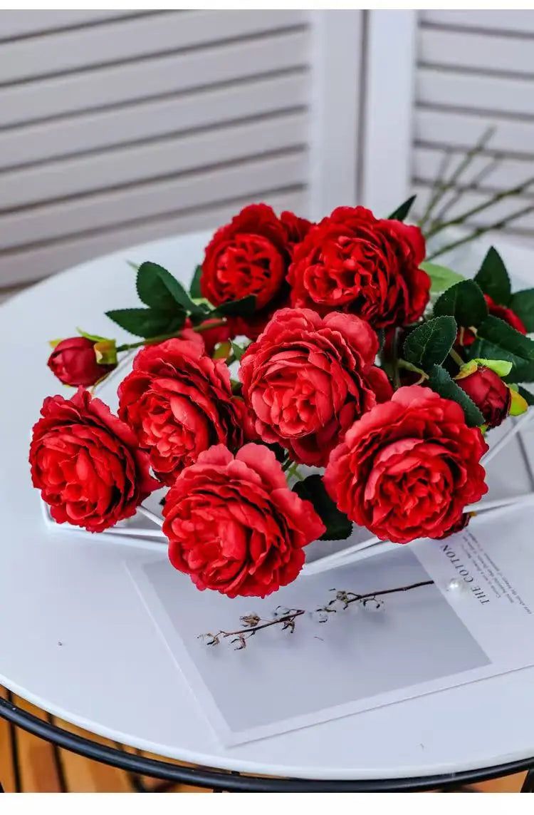 3 Head Artificial Peony & Rose Bouquet – Pink White Silk