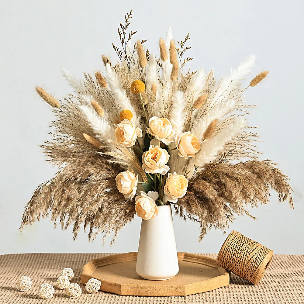 56PCS Artificial Peony & Pampas Grass Bouquet Bulk – Boho Faux Dried Floral Mix