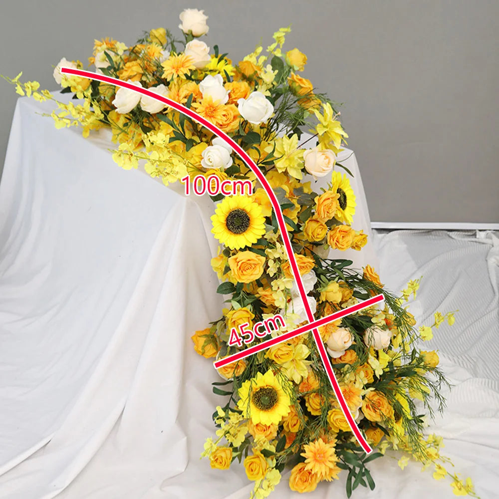 Yellow Artificial Flower Row Garland – Silk Wedding Backdrop Floral Arrangement for Ceremony Arch, Table Runner, Stage & Party Decoration