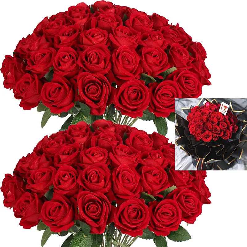 50PCS Bulk Artificial Velvet Roses – Faux Wedding Bouquet Flowers