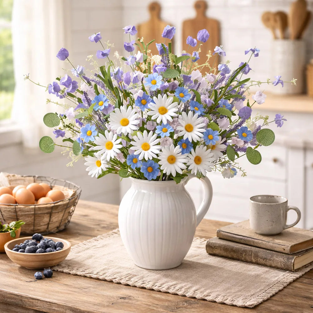 Artificial Spring Flower Picks – Silk Wildflower Bouquet with Daffodils, Daisies & Lavender