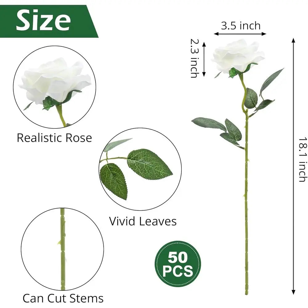 Bulk 50PCS Ivory White Artificial Roses – Long Stem Silk Faux Rose Flowers for Wedding Centerpieces, Outdoor Decor, Party Arrangements & Home Styling