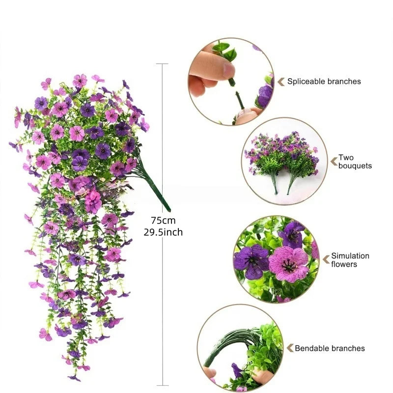 2PCS UV Resistant Hanging Faux Flowers – Mixed Color Silk-Like Artificial Plants for Outdoor Garden, Patio, Home Decor, Spring & Summer Decorations