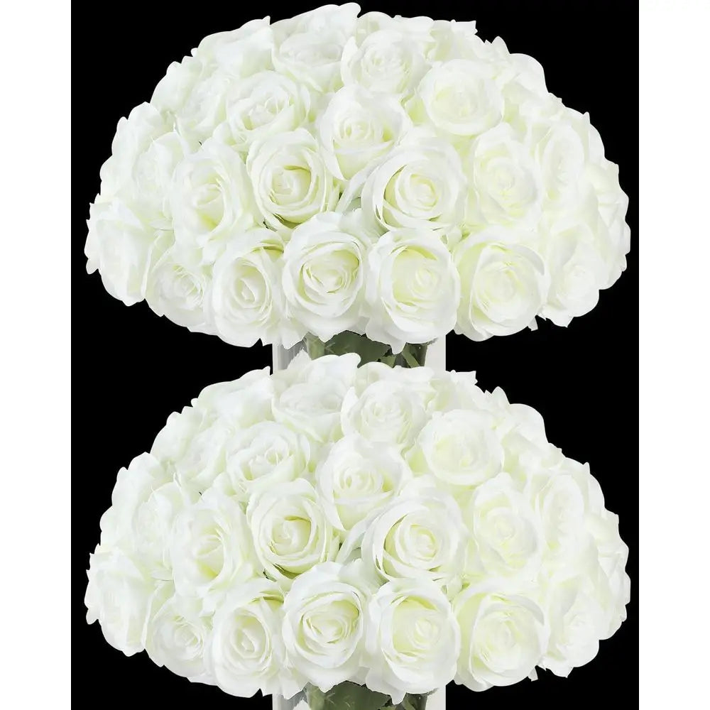 Bulk 50PCS Ivory White Artificial Roses – Long Stem Silk Faux Rose Flowers for Wedding Centerpieces, Outdoor Decor, Party Arrangements & Home Styling