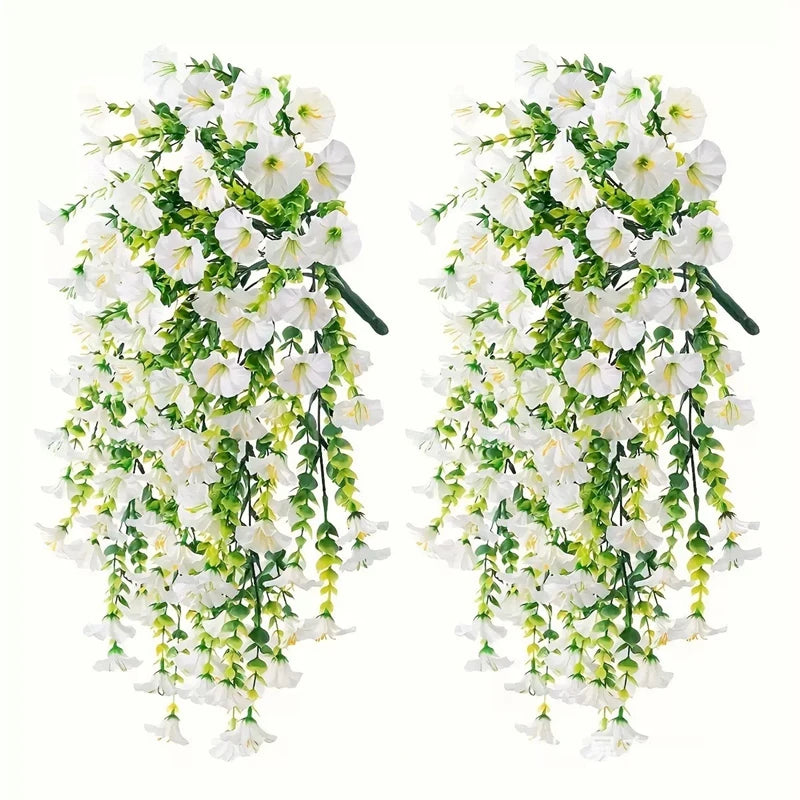 2PCS Artificial Morning Glory & Eucalyptus Hanging Flowers – Faux Vine Garland for Outdoor Wedding Decor, Garden, Party & Home Decoration