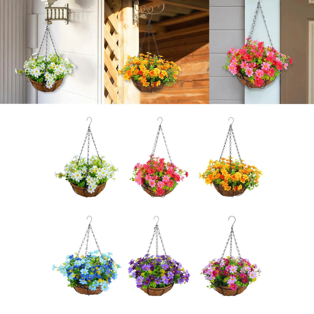 Artificial Hanging Flower Basket with Coconut Liner – Faux Daisy Flower Planter with Chain for Outdoor Patio, Balcony, Porch, Indoor Home Decor