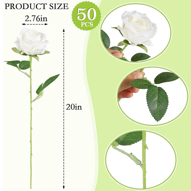 50PCS Bulk Artificial Velvet Roses – Faux Wedding Bouquet Flowers