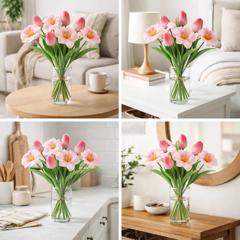 10PCS Mixed Pink Brownie Tulip Bouquet – PU Artificial Tulip Flowers for Wedding Centerpieces, Home Room Decor, Indoor Vase Arrangements & Mother’s Day Gifts