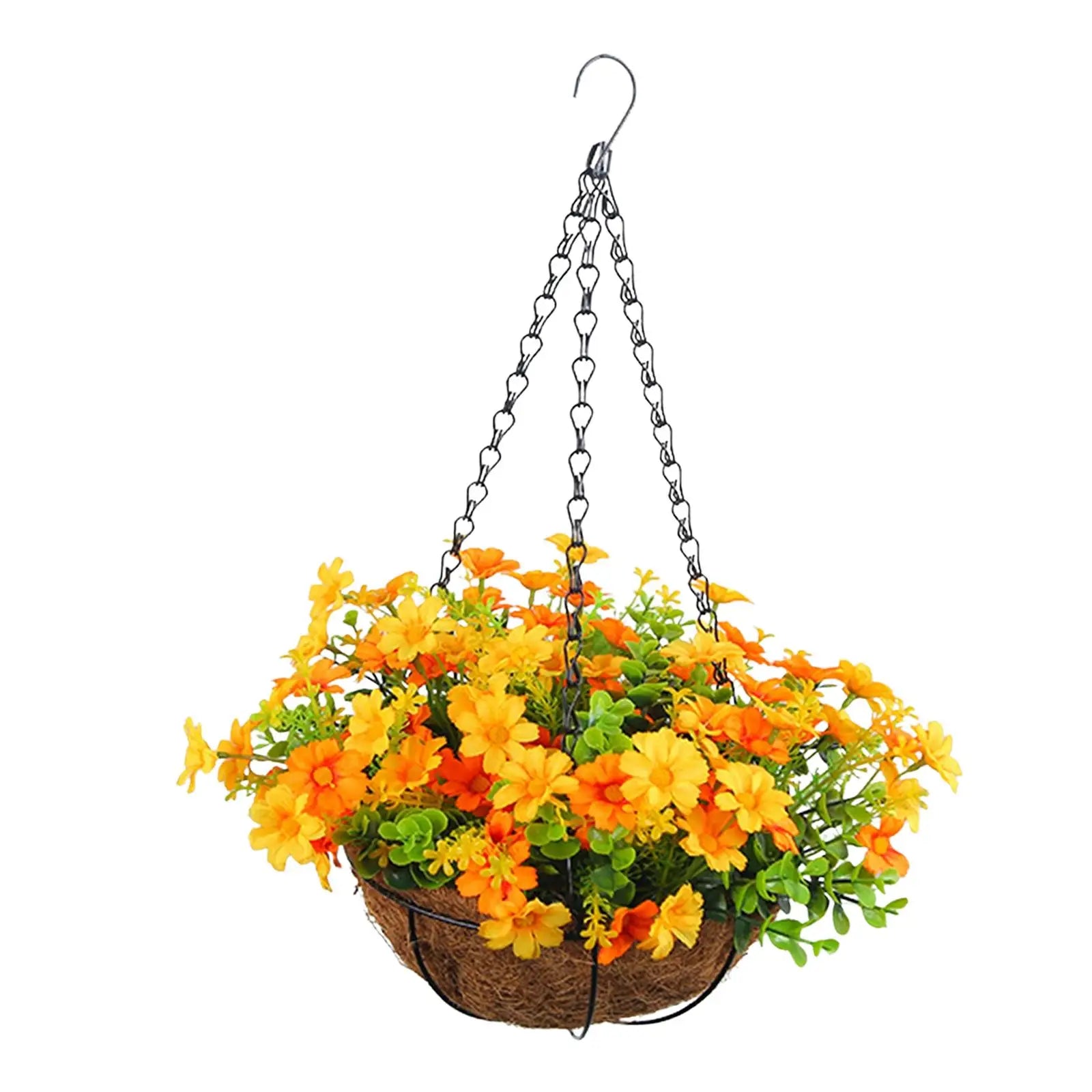 Artificial Hanging Flower Basket with Coconut Liner – Faux Daisy Flower Planter with Chain for Outdoor Patio, Balcony, Porch, Indoor Home Decor