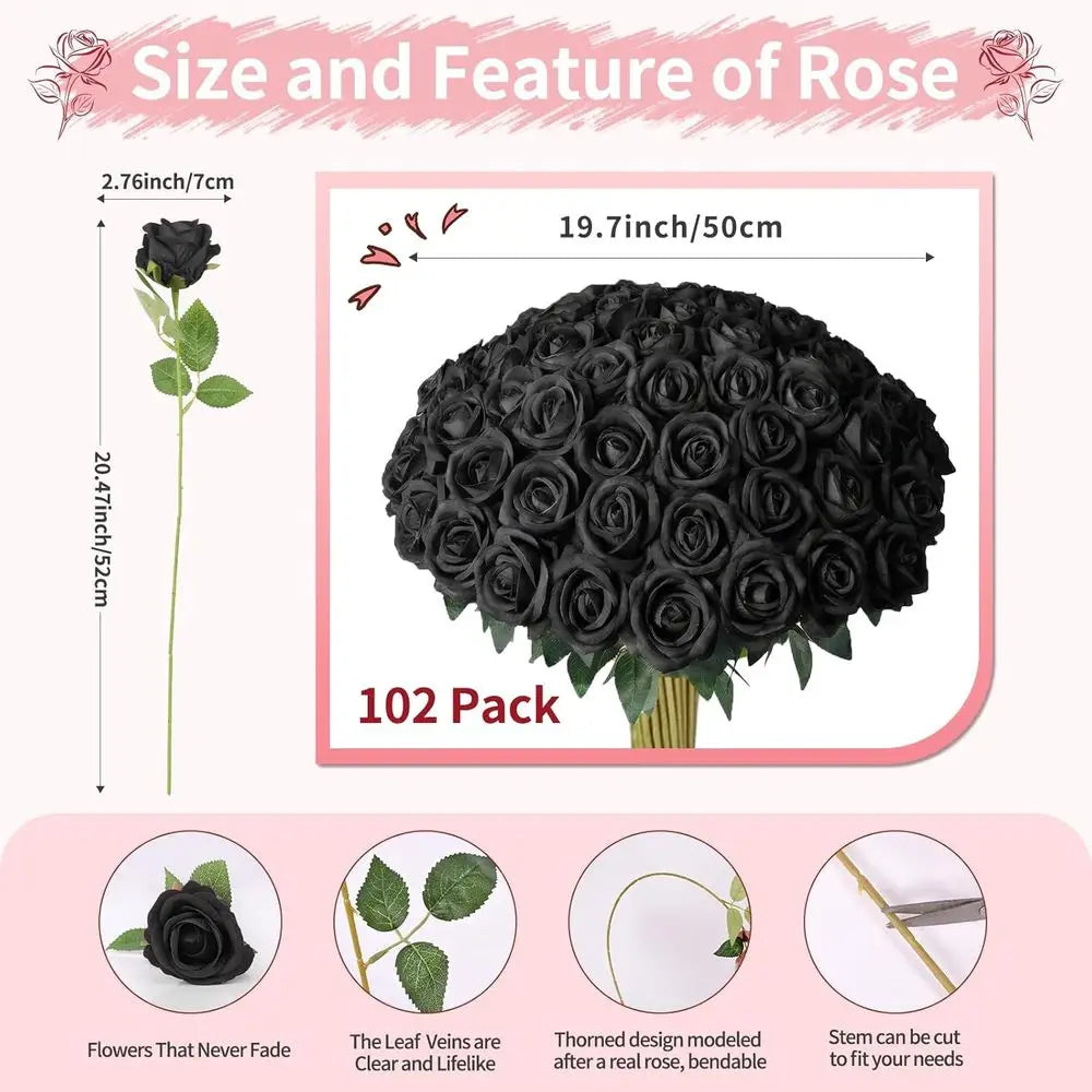 102PCS Black Artificial Rose Bouquet – Long Stem Faux Roses for DIY Wedding Decor, Gothic Floral Arrangements, Party Decorations, Home & Event Centerpieces