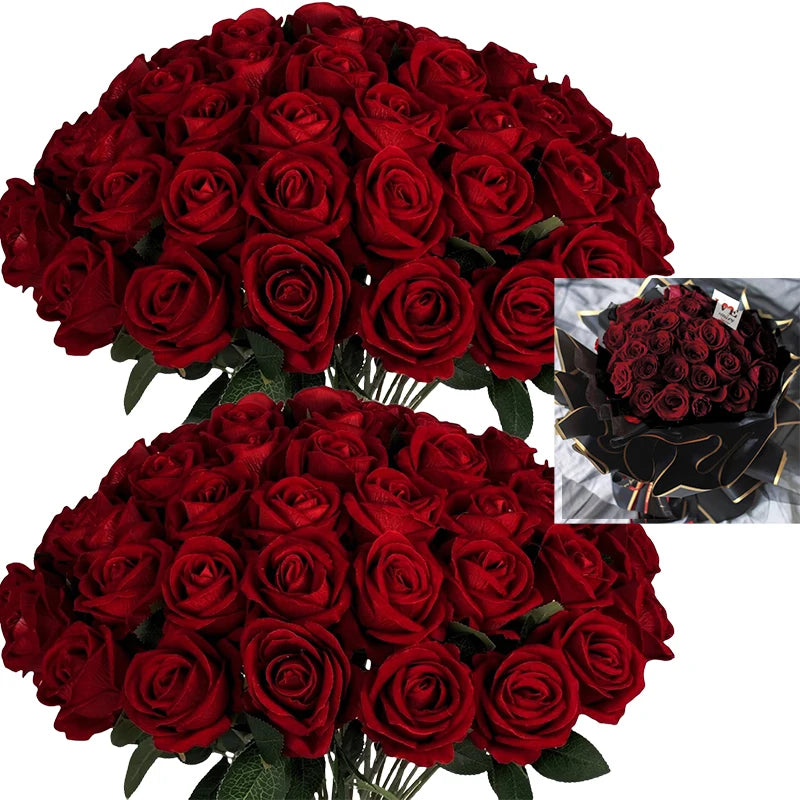 50PCS Velvet Artificial Roses – Real Touch Faux Rose Bouquet for Valentine’s Day, DIY Wedding Bouquets, Party Decorations, Home Decor Floral Arrangements