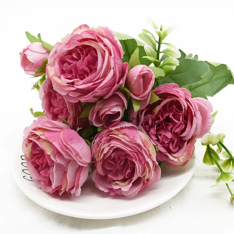 Artificial Peony Bouquet – 9 Heads Silk Flowers Bundle