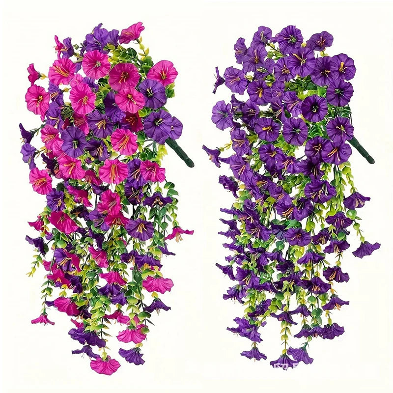 2PCS Artificial Morning Glory & Eucalyptus Hanging Flowers – Faux Vine Garland for Outdoor Wedding Decor, Garden, Party & Home Decoration