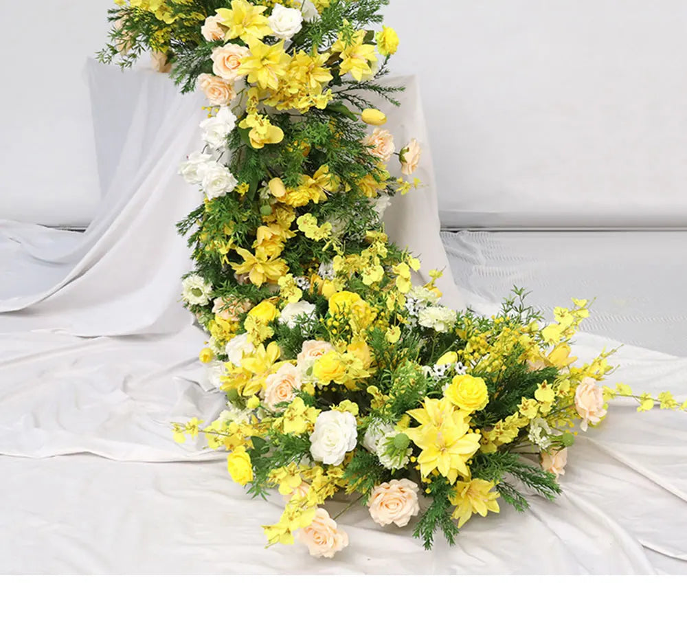 Yellow Artificial Flower Row Garland – Silk Wedding Backdrop Floral Arrangement for Ceremony Arch, Table Runner, Stage & Party Decoration