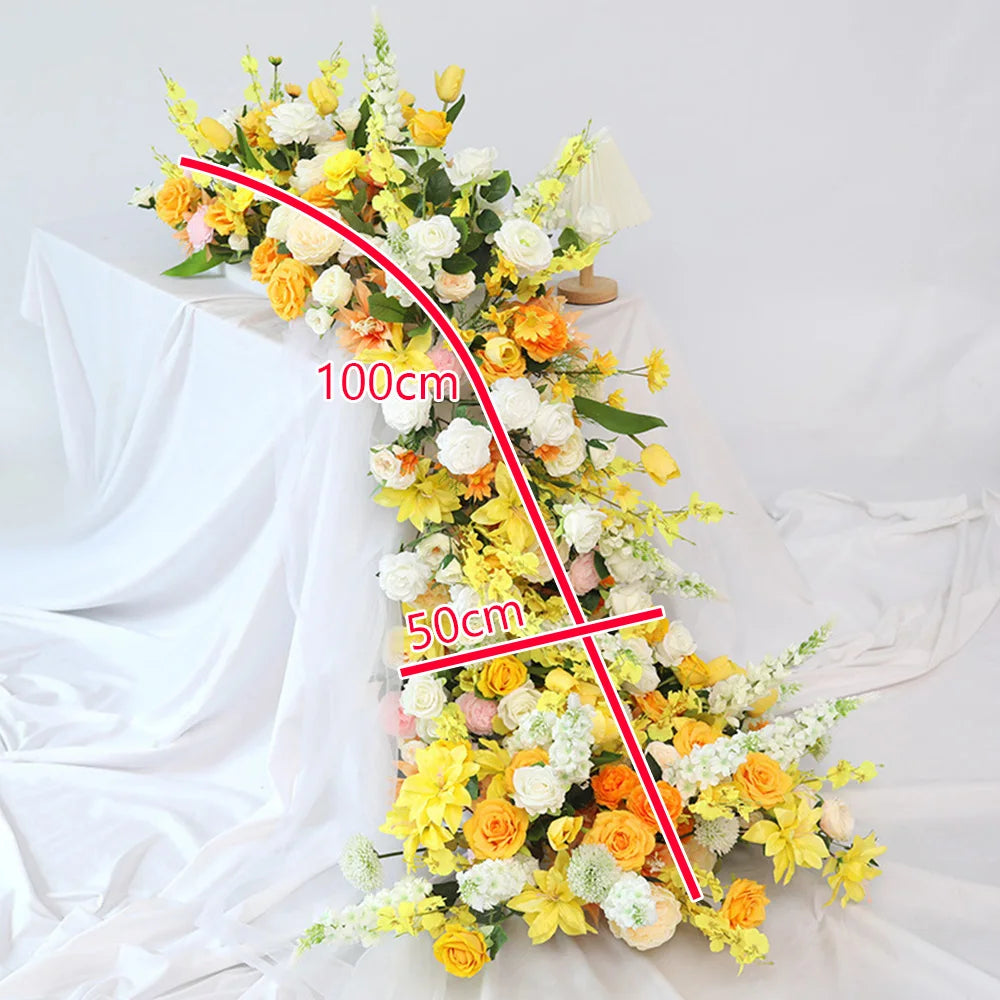 Yellow Artificial Flower Row Garland – Silk Wedding Backdrop Floral Arrangement for Ceremony Arch, Table Runner, Stage & Party Decoration