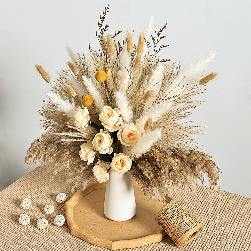 56PCS Artificial Peony & Pampas Grass Bouquet Bulk – Boho Faux Dried Floral Mix