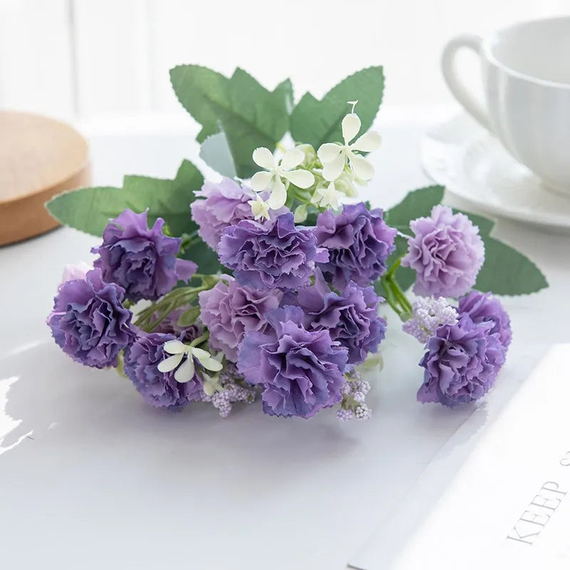 Artificial Small Carnation Bouquet – 5 Fork 15 Head Silk Flowers