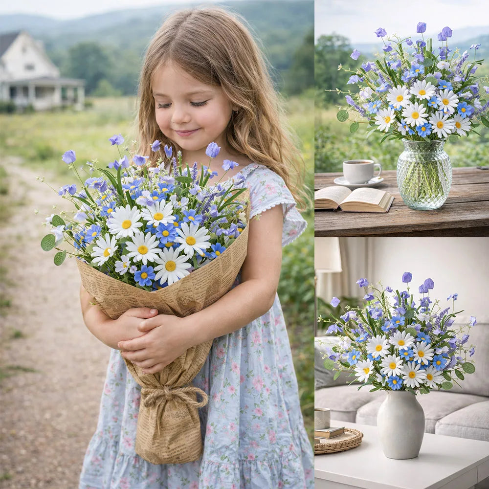 Artificial Spring Flower Picks – Silk Wildflower Bouquet with Daffodils, Daisies & Lavender