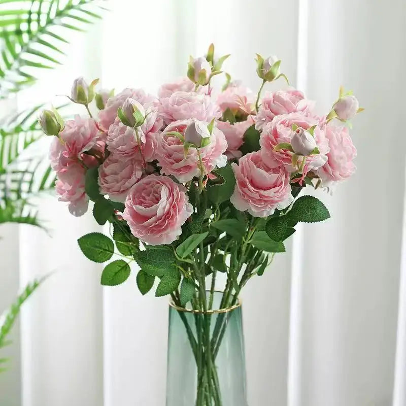 3 Head Artificial Peony & Rose Bouquet – Pink White Silk