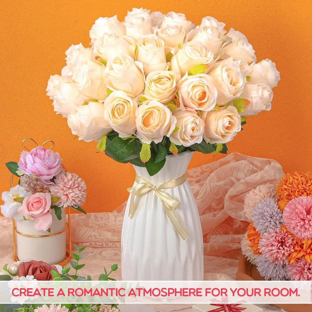 100PCS Beige Artificial Silk Roses – Long Stem Bulk Flowers