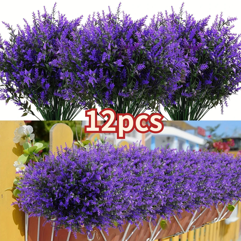12PCS Artificial Lavender Plants – UV Resistant Faux Lavender Flowers for Outdoor Decor, Garden Shrubs, Patio Planters, Home & Event Greenery Bushes