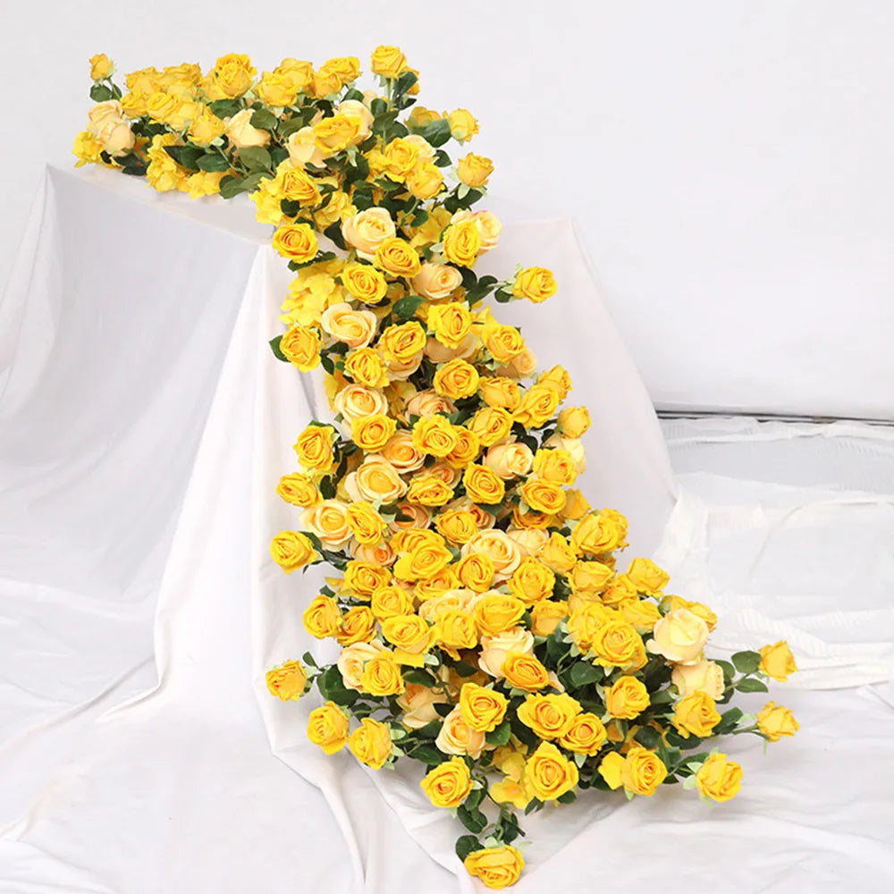 Yellow Artificial Flower Row Garland – Silk Wedding Backdrop Floral Arrangement for Ceremony Arch, Table Runner, Stage & Party Decoration